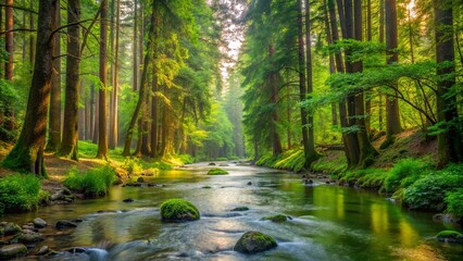 Obraz premium Serene Stream Winding Through a Sun-Dappled Forest, Where Lush Greenery and Gentle Water Flow Harmoniously