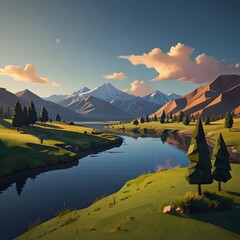 Low-Poly Tranquil Mountain Landscape at Sunset