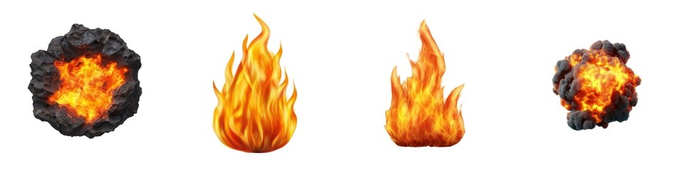 A set of stylized fire graphics, featuring varying shapes and flames, depicting energy and heat.