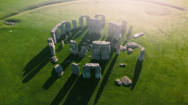 Drone view of Stonehenge and Wiltshire Countryside in England, UK. The stone circle dates to 3000 BC and is one of the best known ancient wonders of the world and UNESCO World Heritage Site.