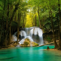 Obraz premium Turquoise waterfall cascading into a lush green forest