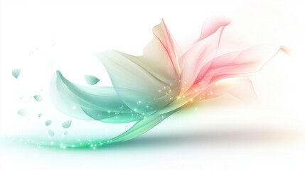 Soft spring abstract design with floating petals and glowing green and pink light effects, isolated on white
