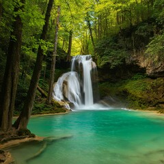 Turquoise waterfall cascading into a lush green forest
