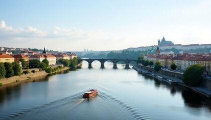 Naklejka premium Tranquil River Scene with Bridge and Cityscape