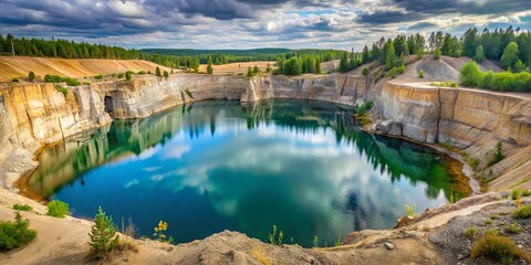 Obraz premium Azure Reflections in a Crater Lake, Surrounded by Verdant Hills and a Patchwork of Earth Tones