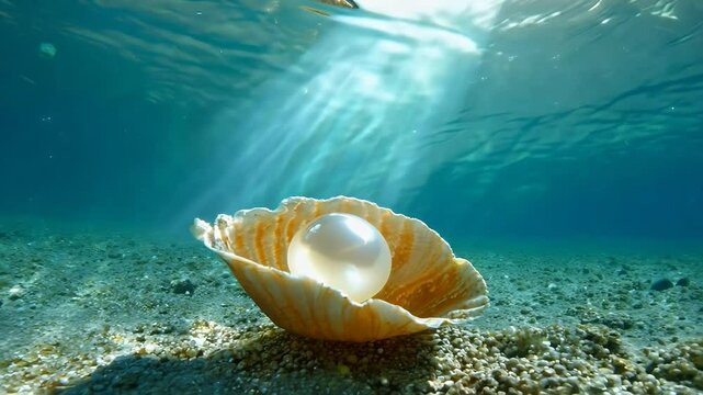 beauty pearl nestled seashell seabed rays sunlight penetrating clear blue water creating mesmerizing caustic effect underwater world captured 4K ll realistic white opened sea oyster open