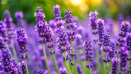 Obraz premium A delicate field of lavender flowers swaying gently in the warm summer sun, their vibrant purple hues dancing with the golden light, a symphony of nature's beauty.