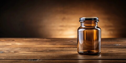 A solitary amber glass bottle with a black lid rests upon a rustic wooden surface, bathed in soft warm light.