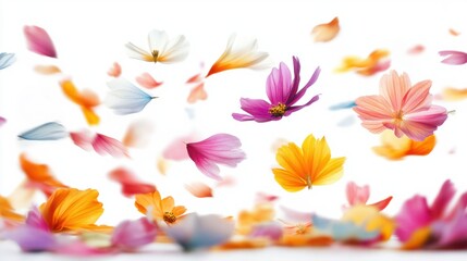 Spring abstract with vibrant flower petals and floating blossoms, creating a fresh spring feel, isolated on white