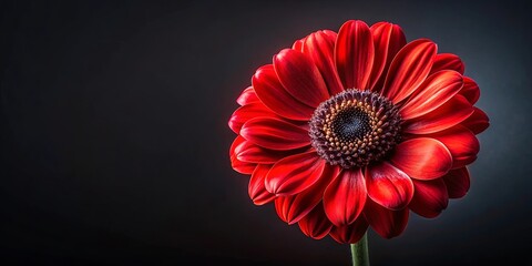 A single scarlet blossom with delicate petals, its vibrant red color contrasting against a deep, rich black background.