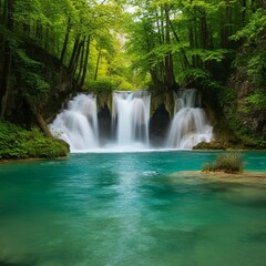 Fototapeta premium Turquoise waterfall cascading into a lush green forest