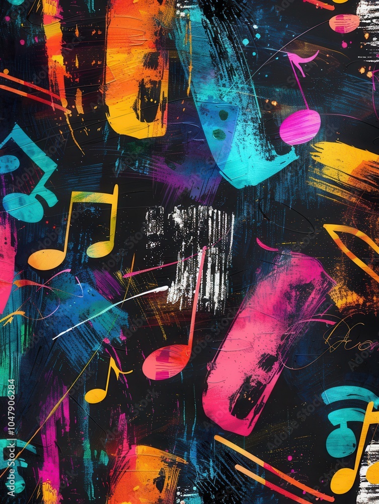 Poster A vibrant chalkboard showcases an array of colorful brushstrokes blended with musical notes and symbols, creating a lively artistic experience. Generative AI