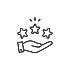 手のひらに乗せた輝く3つ星のベクターアイコン(線画・白黒)