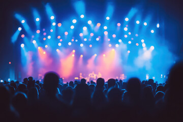 A vibrant concert scene with colorful stage lights and an enthusiastic crowd.