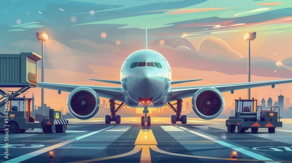 Aufkleber A cargo airplane is positioned on a runway surrounded by loading equipment, ready for freight operations during sunset. Generative AI