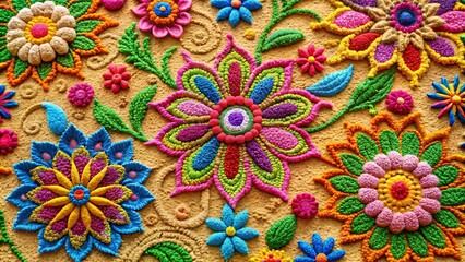 A vibrant tapestry of colorful floral designs, each petal meticulously crafted with tiny beads, creating a breathtakingly intricate pattern.