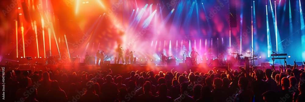 Poster musicians perform on stage with bright lights as the enthusiastic crowd enjoys the electrifying ener