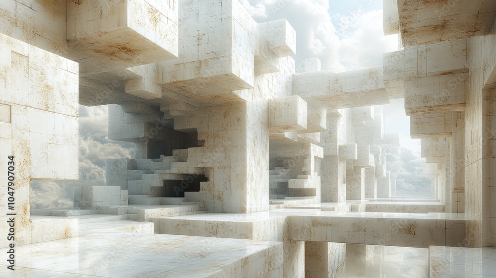 Poster abstract architectural landscape with floating geometric structures.