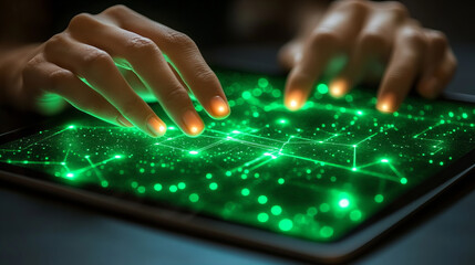 Fototapeta premium Close up of hands interacting with glowing tablet displaying digital patterns