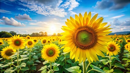 Fototapeta premium A Single Sunflower Stands Tall in a Field of Golden Blooms Under a Blue Sky with Puffy Clouds