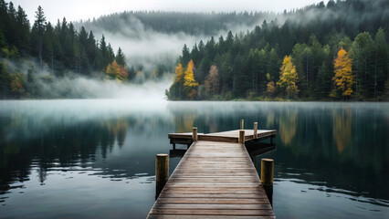 Fog in nature. A foggy morning by a tranquil lake surrounded by a dense forest.