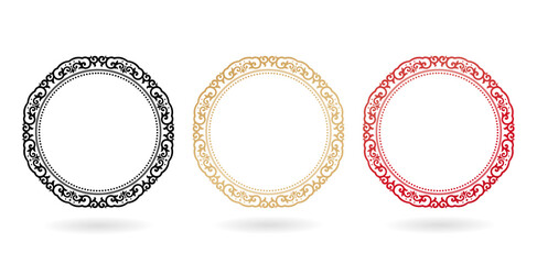 circular ornamental motif with rope inside round frames with three set colors isolated white backgrounds for texts applicable accessories, invitation birthday cards, gift paper, screen printing glass