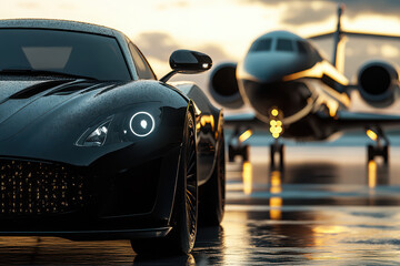 Fototapeta premium A sleek black sports car in the foreground with a private jet in the background at sunset.