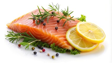 Symmetrical smoked salmon with lemon and herbs on white background