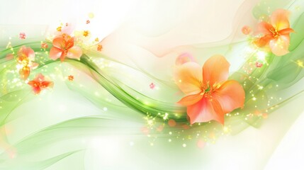 Vibrant spring abstract with swirling flowers and glowing green and pink light effects, isolated on white