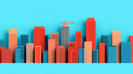 Obraz premium Tower cranes assembling futuristic skyscrapers, symbolizing rapid urban development, clear blue sky background