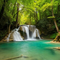 Obraz premium Turquoise waterfall cascading into a lush green forest