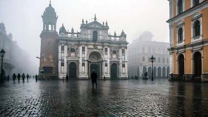 An ancient europe city square enveloped in dense fog. Fog in cities AI Generated