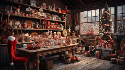 Santa's workshop with many toys on the shelves behind a work bench getting ready for Christmas ~ Created using Generative AI