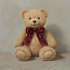 Obraz premium A plush teddy bear with a maroon bow, symbolizing comfort and childhood.