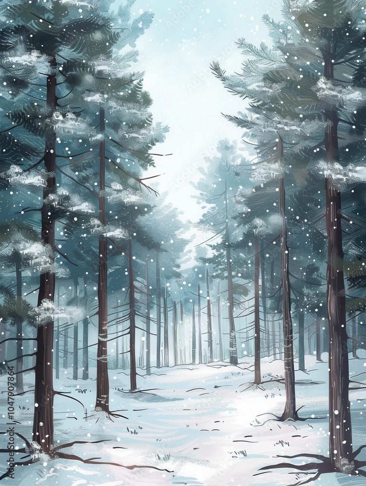 Poster snow blankets the ground while tall pine trees stand majestically, creating a peaceful and magical w