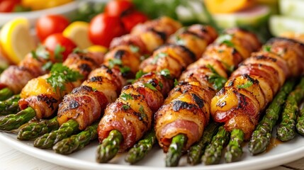 Grilled bacon wrapped asparagus spears with mango and cherry tomatoes on a white plate.