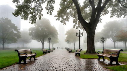 A foggy morning in a metropolitan park. Fog in cities