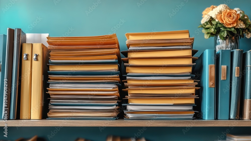 Aufkleber organized files and folders on a shelf in a workspace.