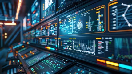 Obraz premium Futuristic Control Room with Multiple Screens Displaying Data and Graphs