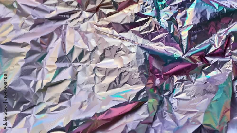 Poster The textured surface of crinkled metallic foil shines with an array of colors, reflecting light in a captivating way. This detailed display draws attention to its vivid patterns.