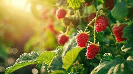 Raspberry orchard concept of organic farming and healthy food.