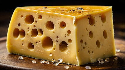Cheese texture. A close-up view of a slice of aged Gouda cheese.