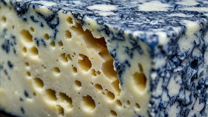 Gorgonzola Cheese texture. A macro shot of blue cheese, highlighting its unique texture.