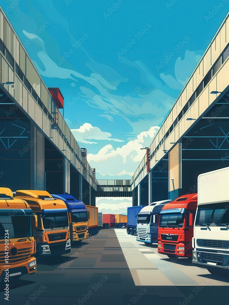 Aufkleber trucks and vans are parked at a warehouse, prepared for loading with cargo containers under a clear 