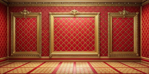 Ornate Gilded Frames Adorn a Red and Gold Interior with a Intricate Patterned Floor
