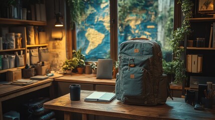 A cozy workspace featuring a backpack and a world map backdrop.