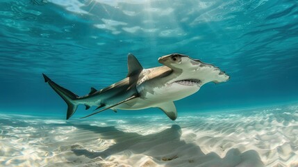 Naklejka premium A Hammerhead Shark Swimming in Shallow Water