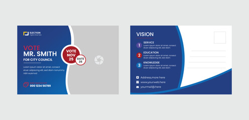  modern election postcard or eddm postcard design template. political election flyer template. Vector premium editable flyer leaflet layout for a voting campaign poster design.