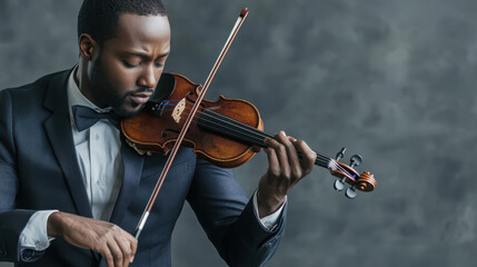 Fototapeta premium A musician in formal attire passionately plays the violin against a textured backdrop.