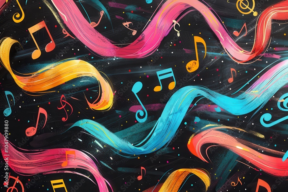 Poster a chalkboard showcases a vivid array of brushstrokes interwoven with musical notes, bringing a burst